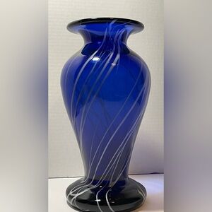 Cobalt Studio Art Glass Vase w/White Abstract Swirls | Hand Blown Murano Style
